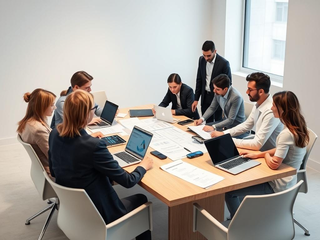A team of professionals gathered around a conference table, reviewing