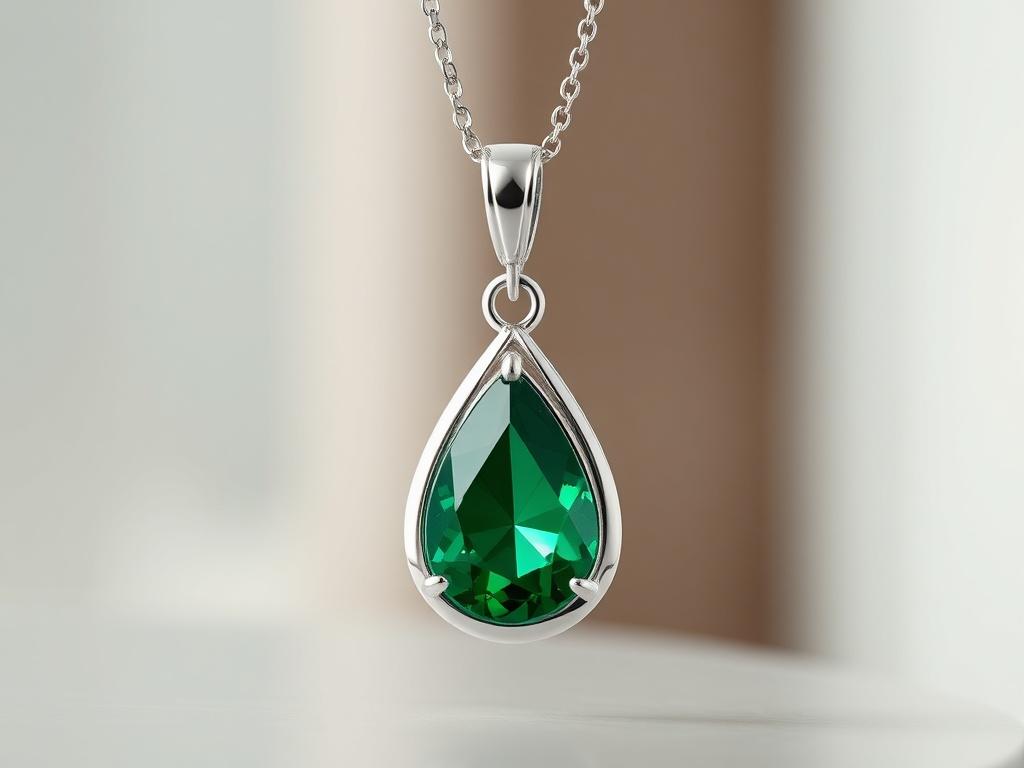 A beautiful silver pendant featuring a rich green emerald gemstone,