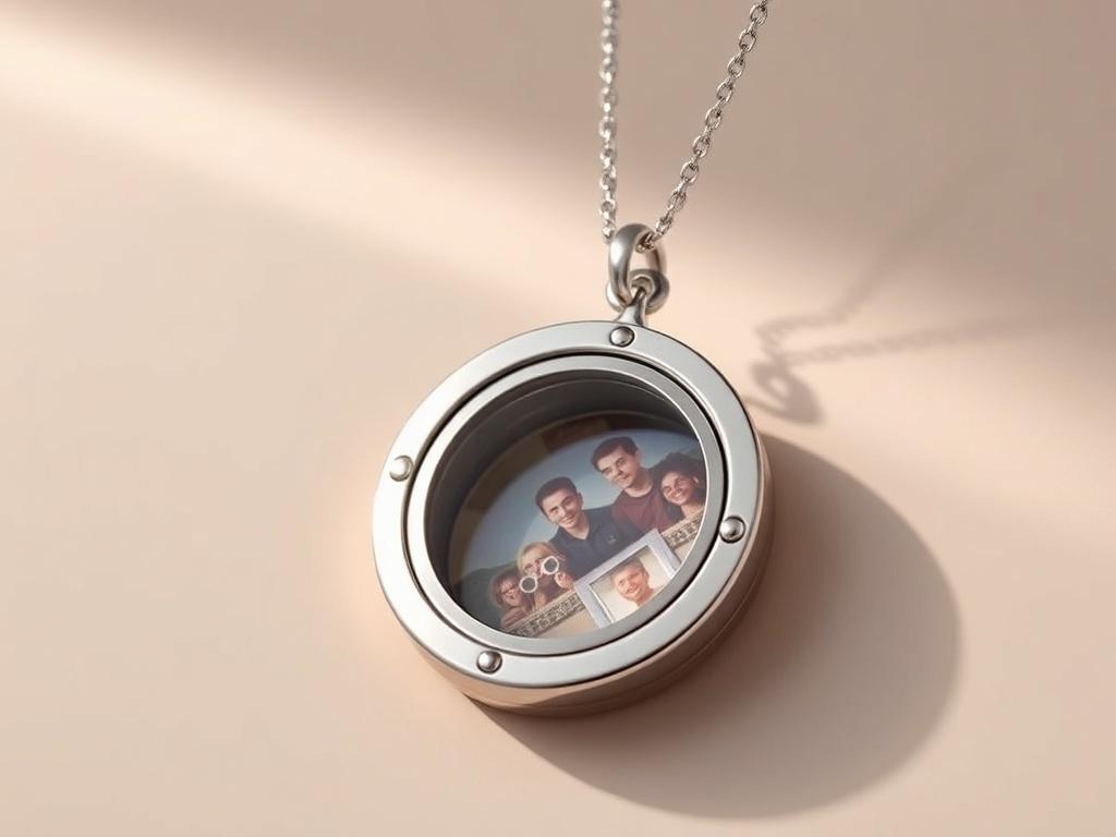 A sleek silver locket made of silver, with an intricate