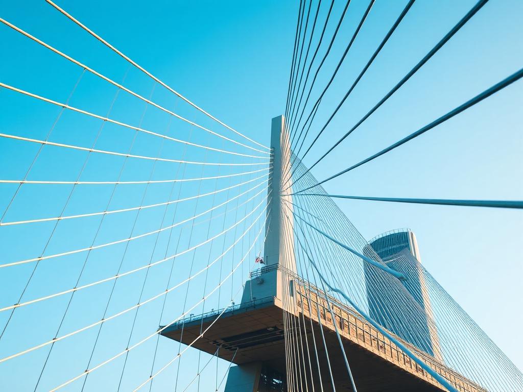 A hyper-realistic close-up shot of a modern suspension bridge designed for urban development, showcasing intricate cable systems and sleek architectural lines, with a clear blue sky in the background. Shot with a 45mm f/1.2 lens.