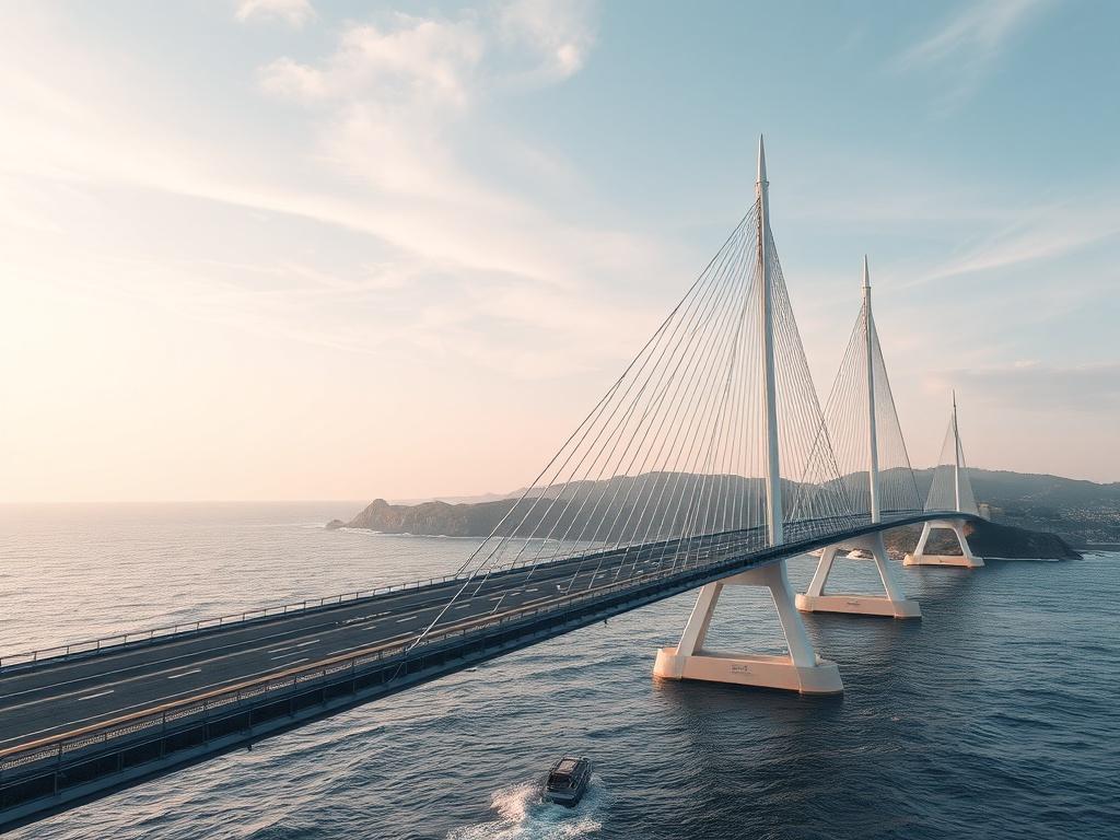 A hyper-realistic close-up shot of a cable-stayed bridge designed for a coastal city, highlighting its soaring towers and open deck against a backdrop of waves and coastal scenery. Shot with a 45mm f/1.2 lens.