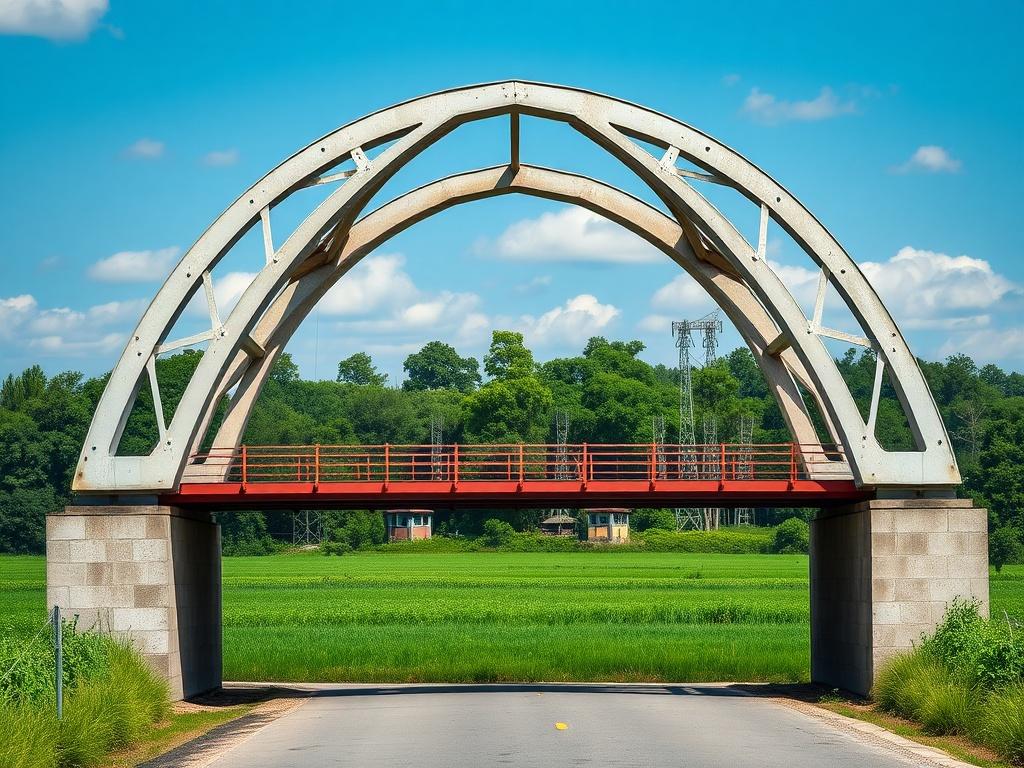 A hyper-realistic close-up shot of a newly engineered arch bridge in a rural setting, showcasing its elegant design and sturdy structure against a backdrop of lush greenery and blue sky. Shot with a 45mm f/1.2 lens.