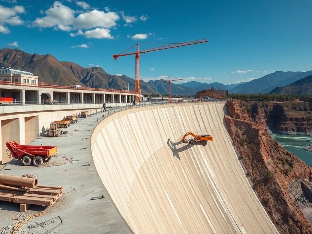 A close-up shot of a modern dam under construction, showcasing detailed engineering elements like concrete pouring and heavy machinery. The background features a natural landscape with a river and mountains. The image should reflect the complexity and scale of dam construction, highlighting the integration of technology and nature. The photo should have a hyper-realistic style, focusing on the dam structure and construction activity.