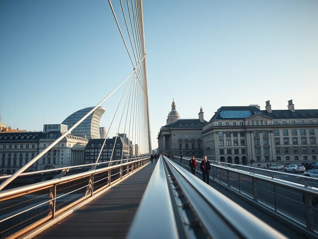A hyper-realistic close-up shot of the Millennium Bridge in London, showcasing its sleek suspension design and pedestrian traffic, with a clear blue sky in the background. The image should focus on the bridge's innovative structure and its interaction with the urban environment, captured in high-resolution with vibrant colors that complement the primary color rgb(226, 1, 1).