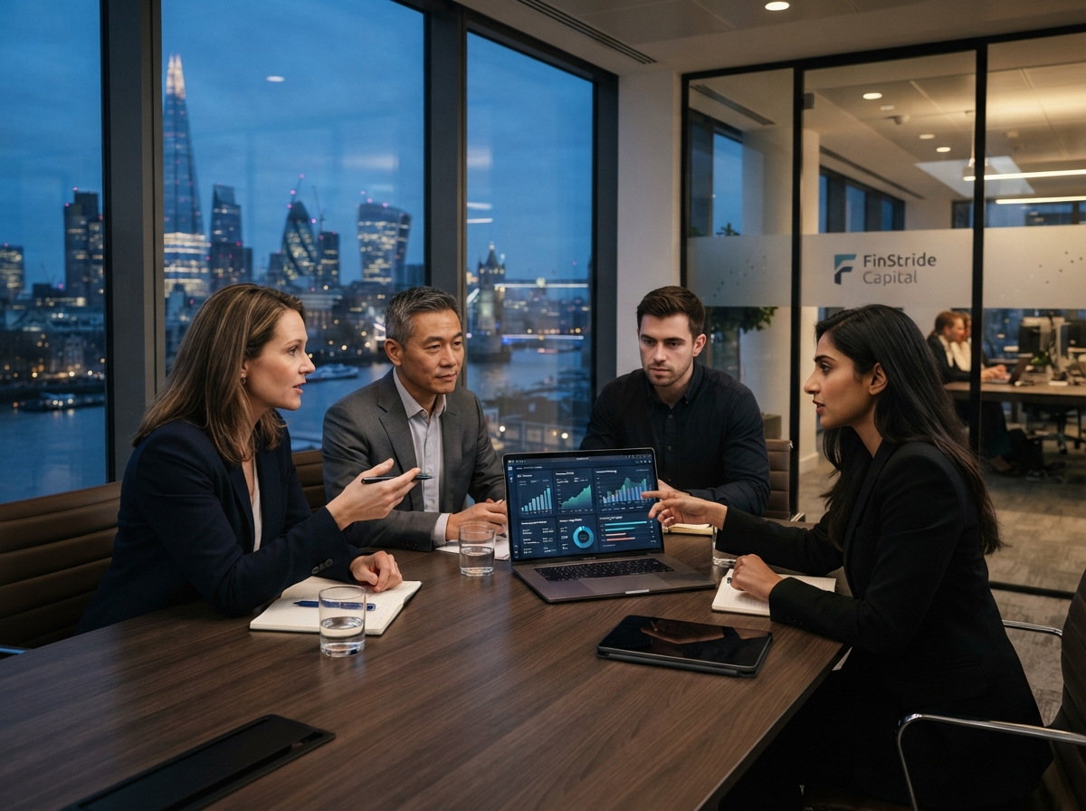 Financial strategy meeting with consultants and a fintech founder reviewing dashboards
