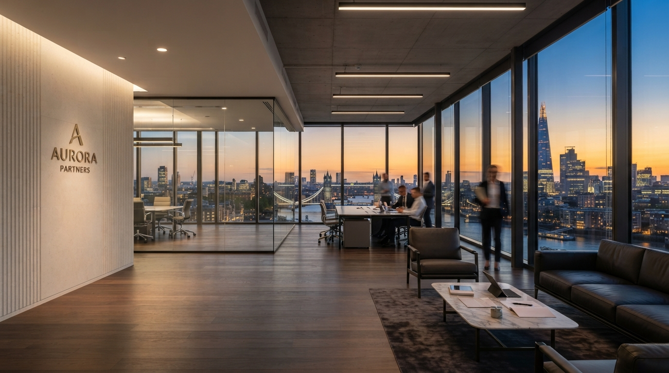 Modern London office with panoramic city skyline view
