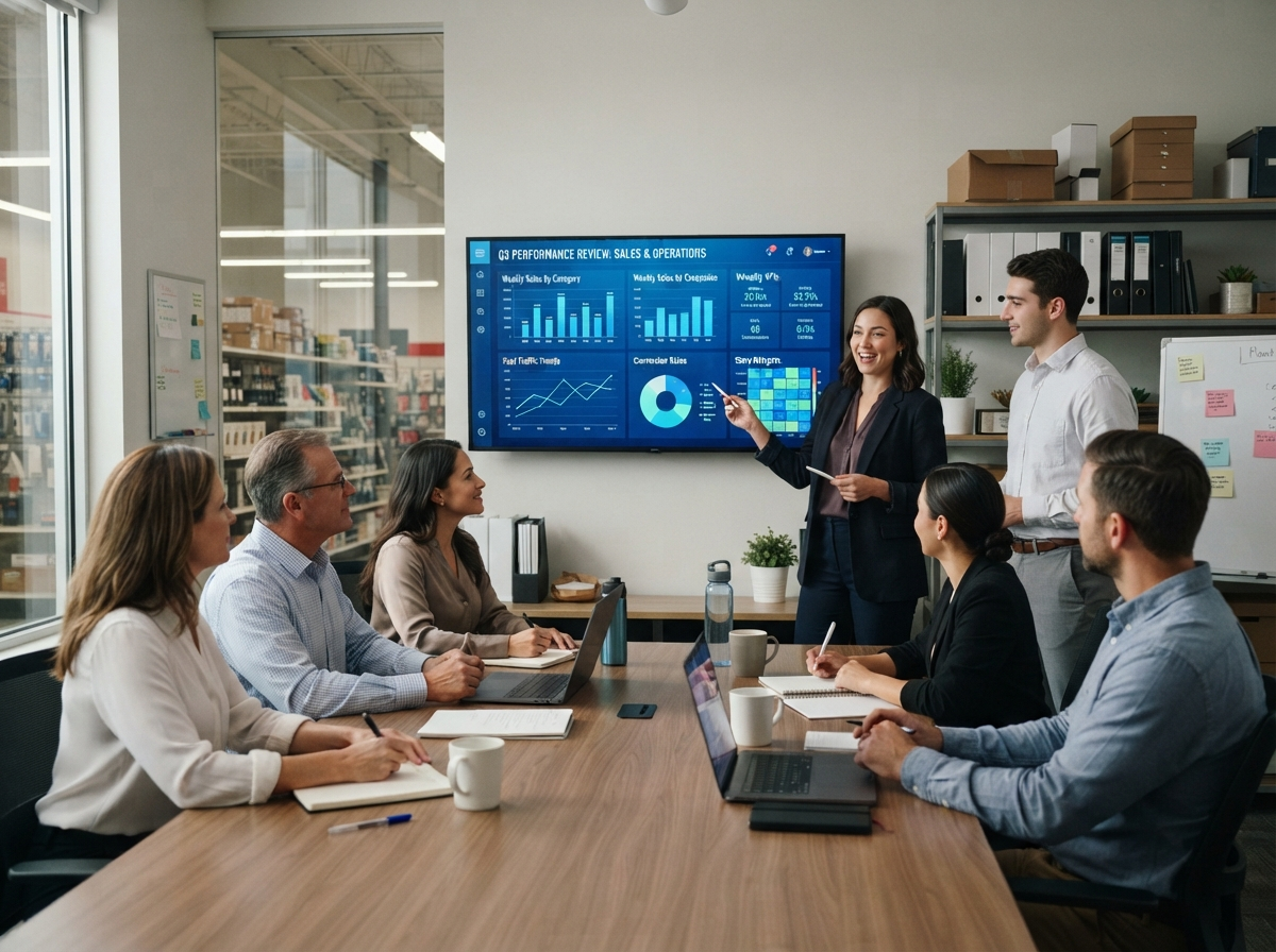 Consultants presenting retail analytics dashboards to a management team