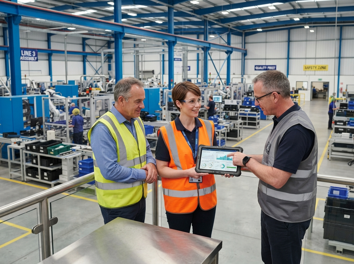 Operations consultants reviewing production data inside a modern manufacturing facility