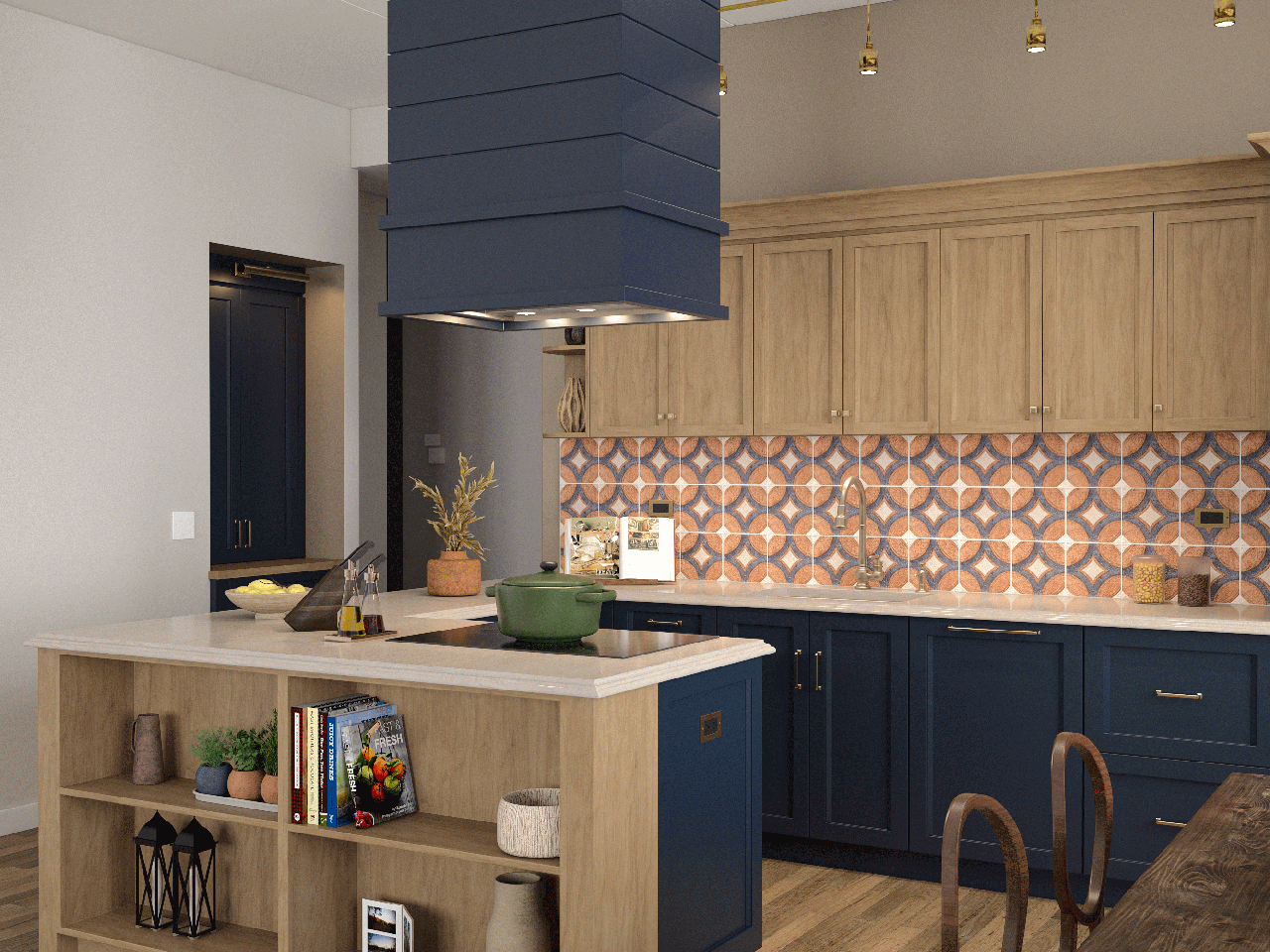 Belmont kitchen renovation with navy cabinetry and patterned tile backsplash