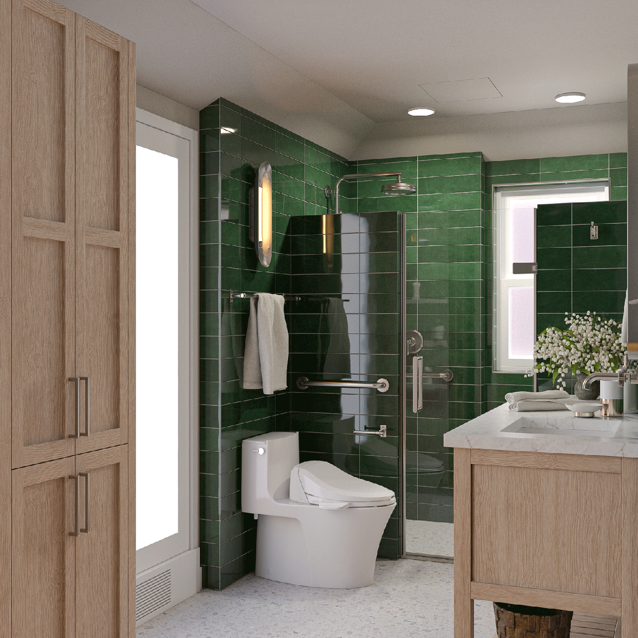 Bathroom view with white oak cabinetry and emerald tile