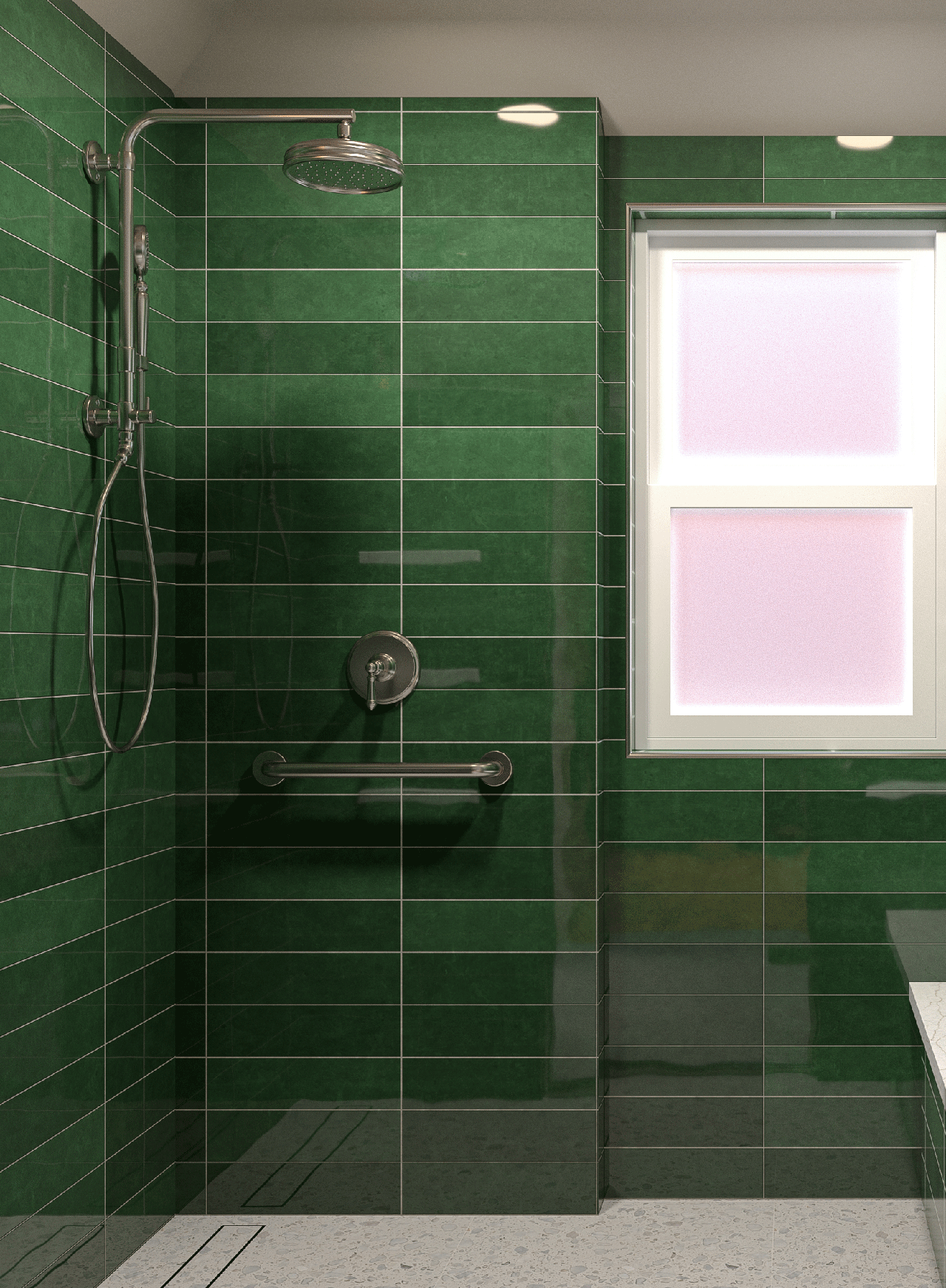 Emerald tiled shower and window