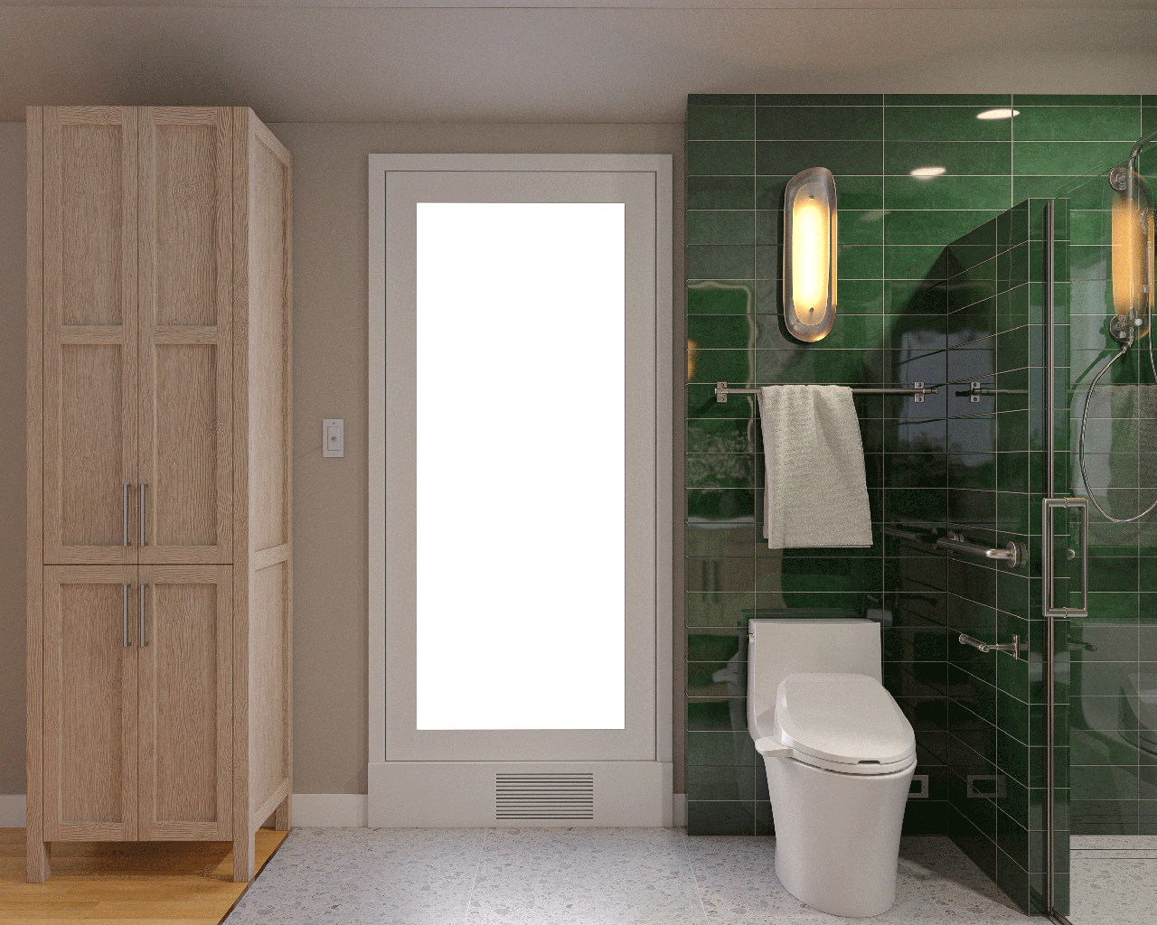 Bathroom storage and shower detail