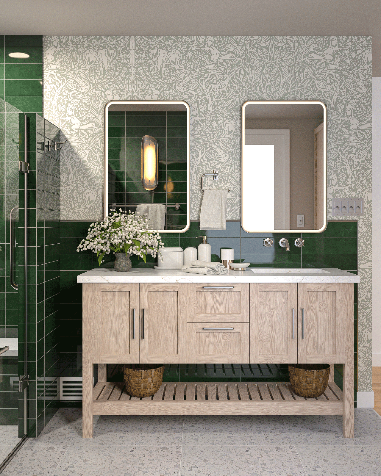 White oak bathroom vanity and illuminated mirrors