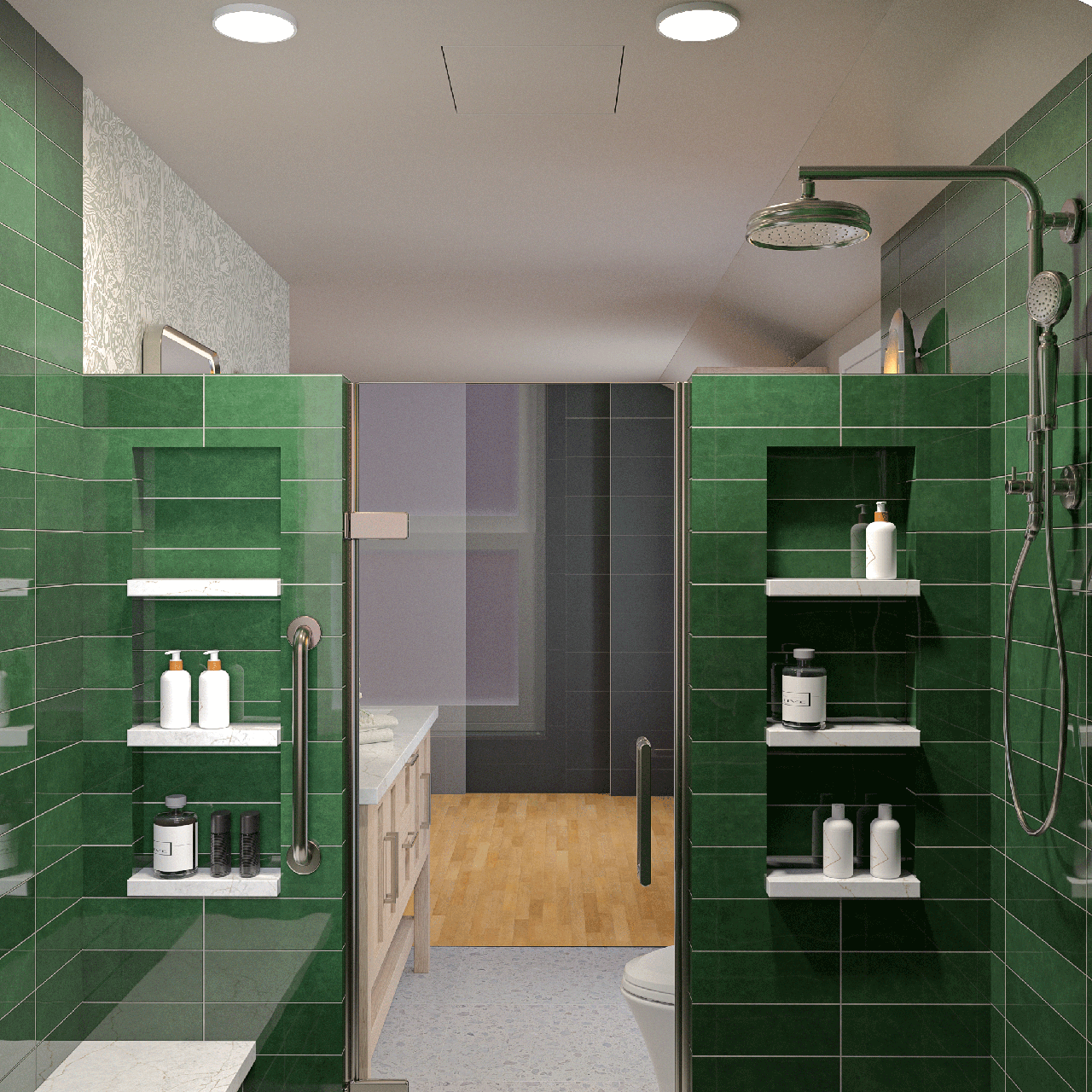 Integrated shower shelving