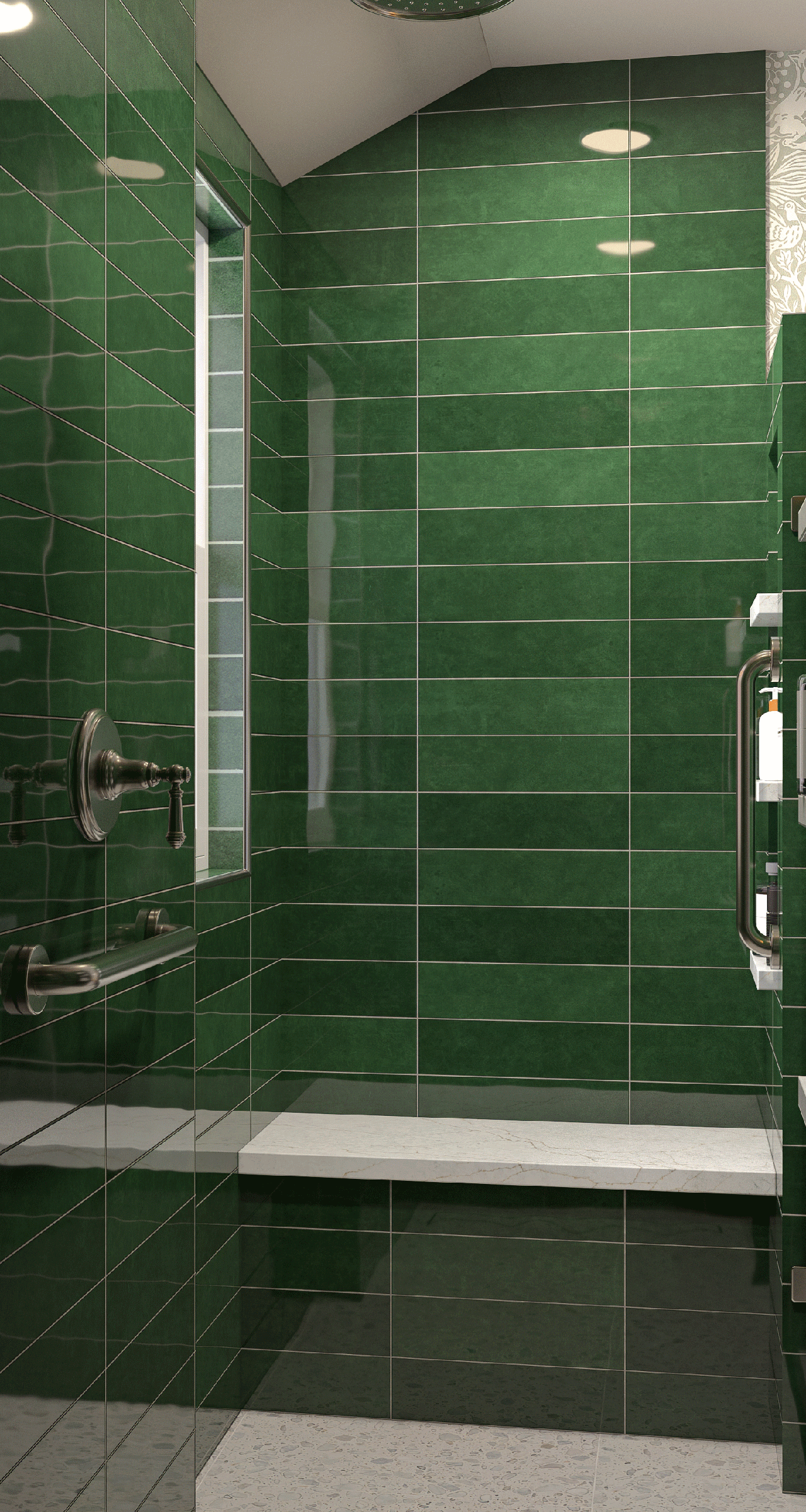 Integrated shower bench and emerald tile