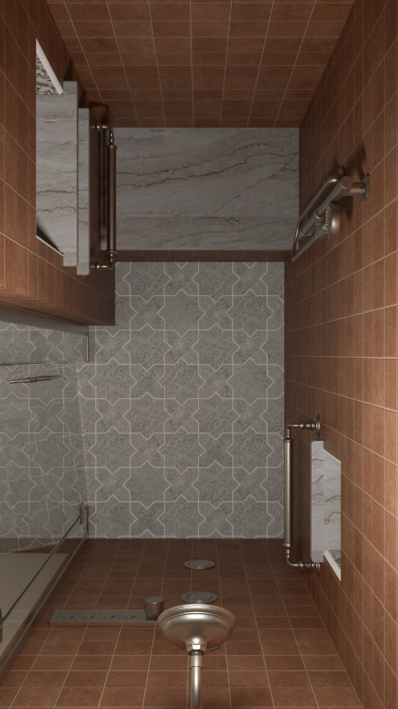 Overhead view of patterned floor tile and marble bench