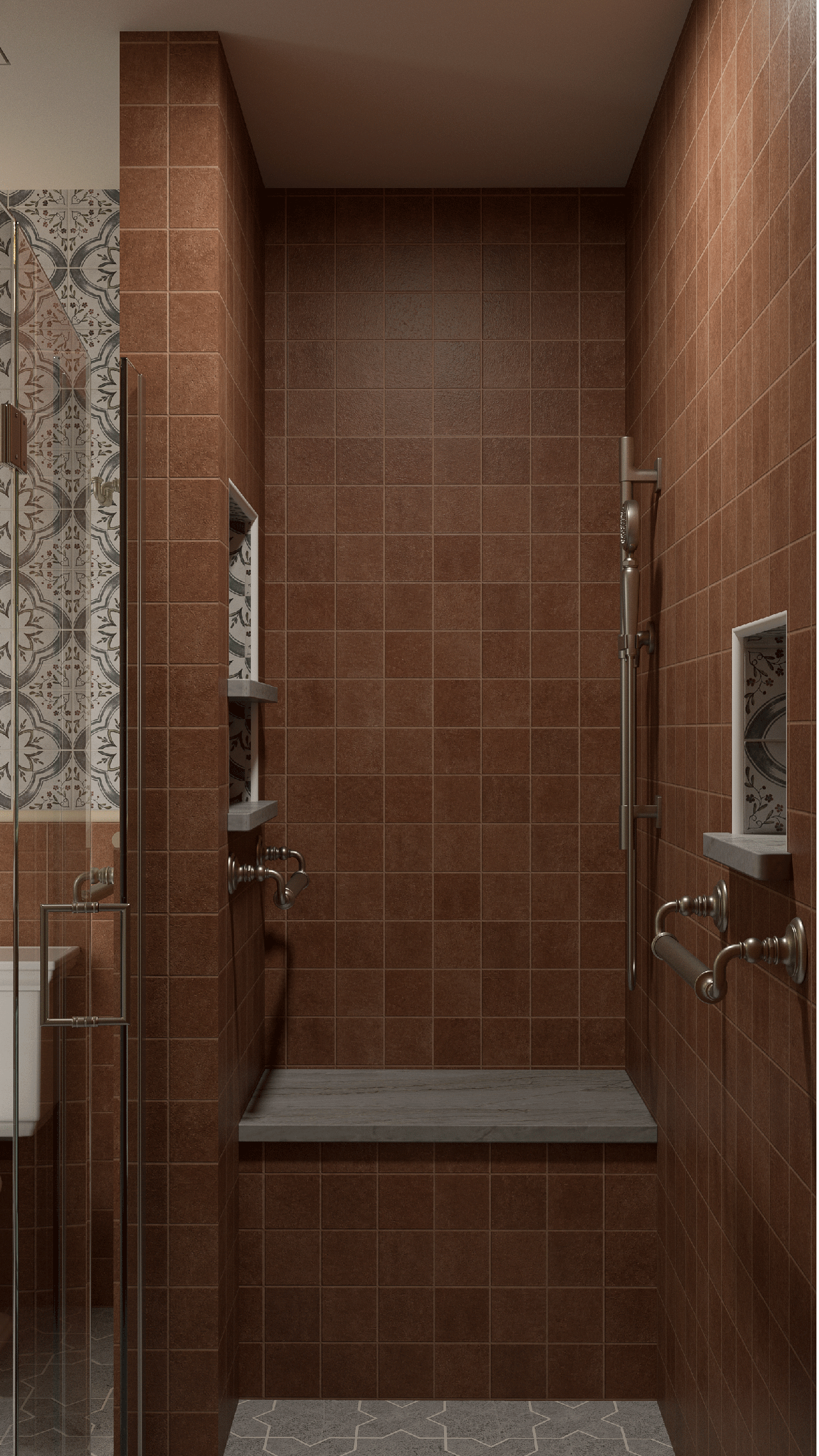 Terracotta tiled shower with patterned niche
