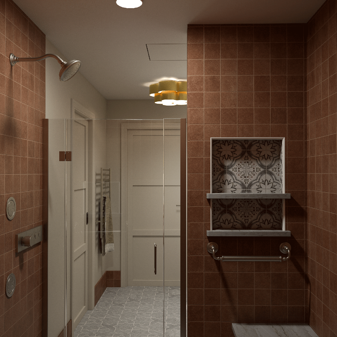Terracotta tiled shower detail