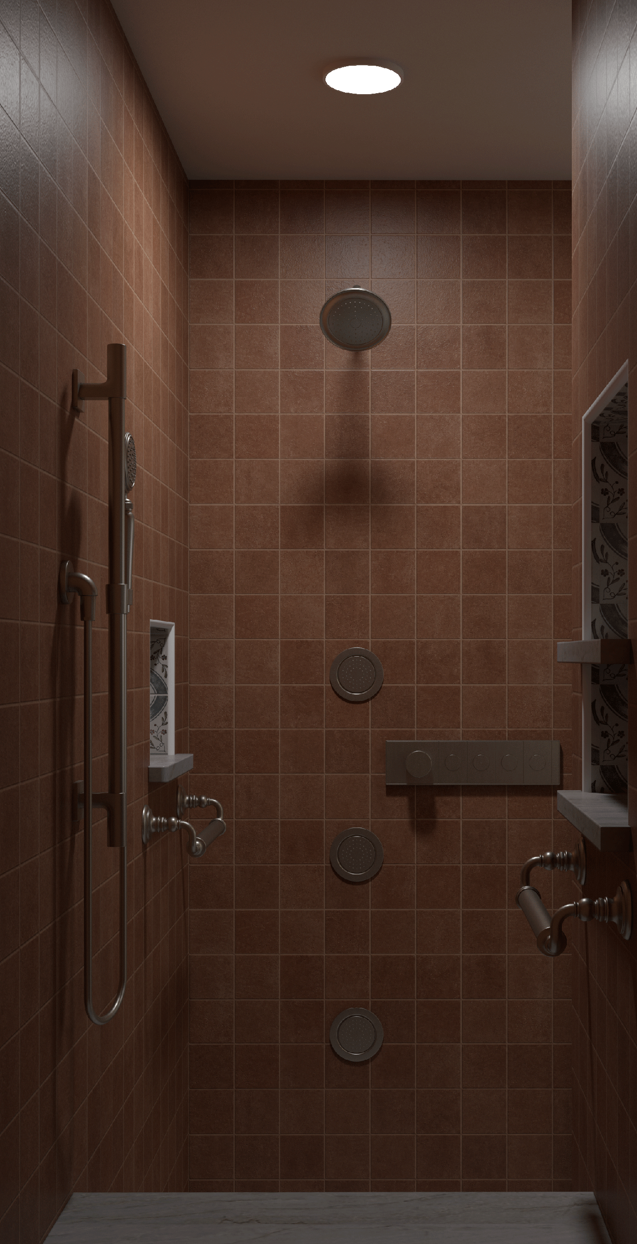 Shower fixtures and brass hardware detail