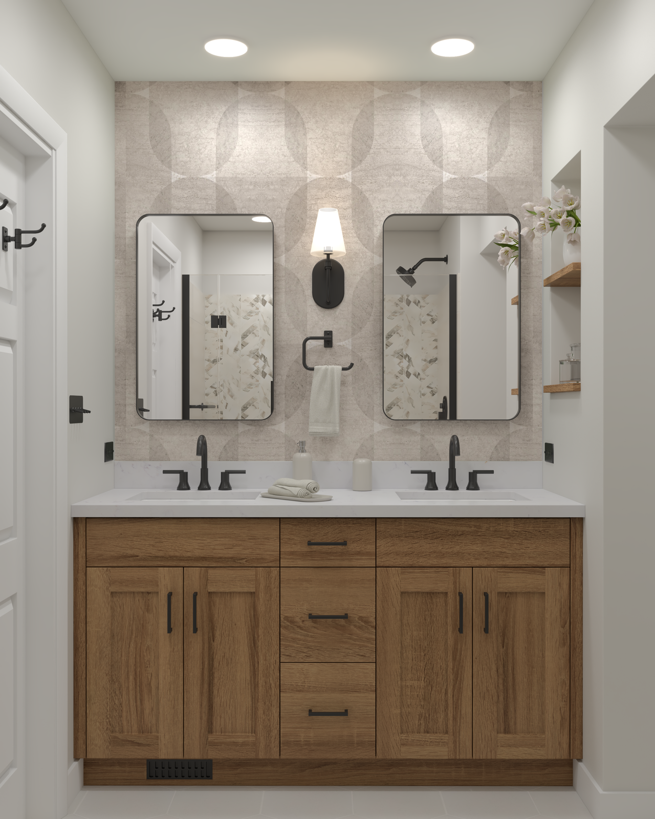 Double vanity with patterned wallpaper and matte black fixtures