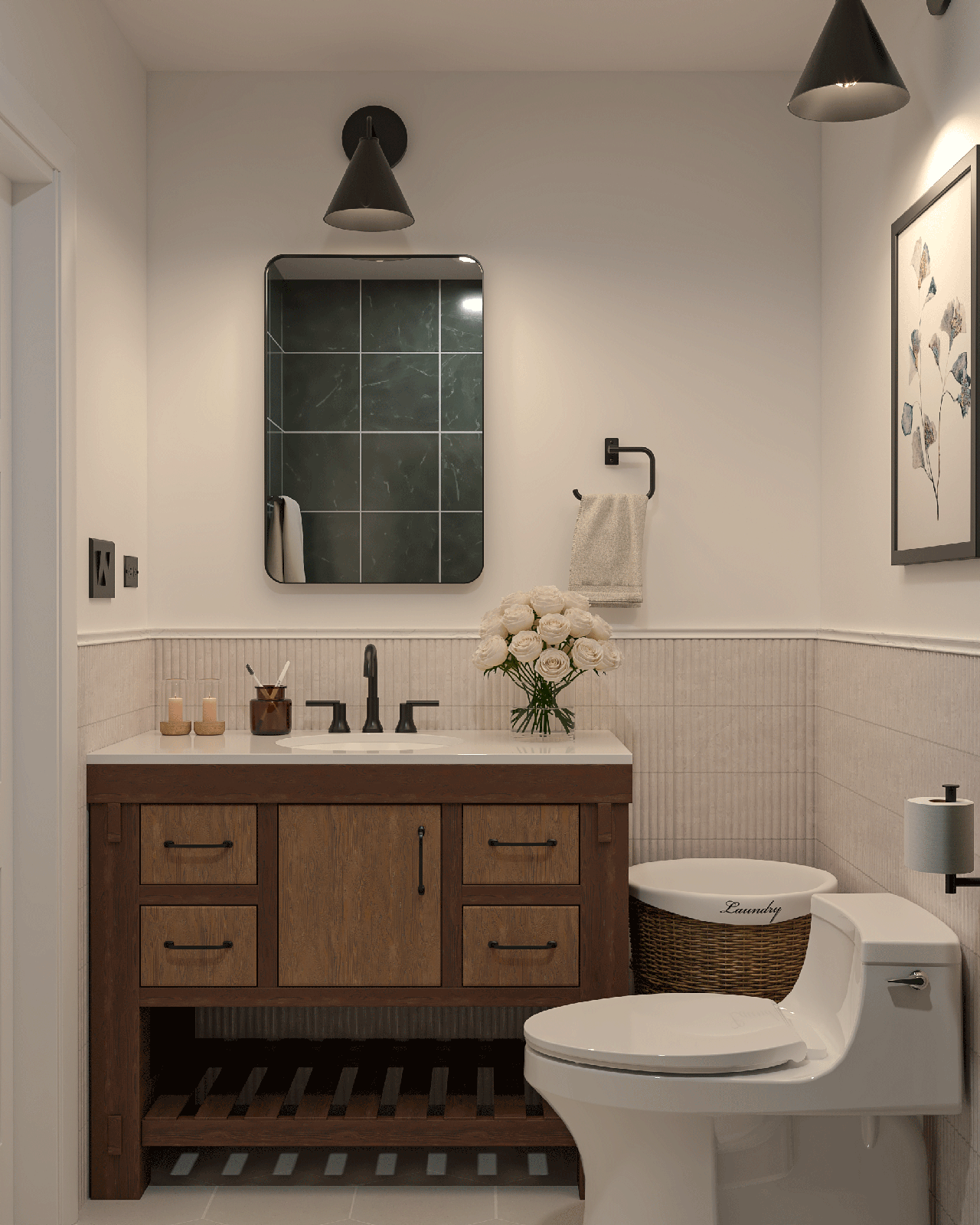 Powder room vanity with laundry basket and dark mirror