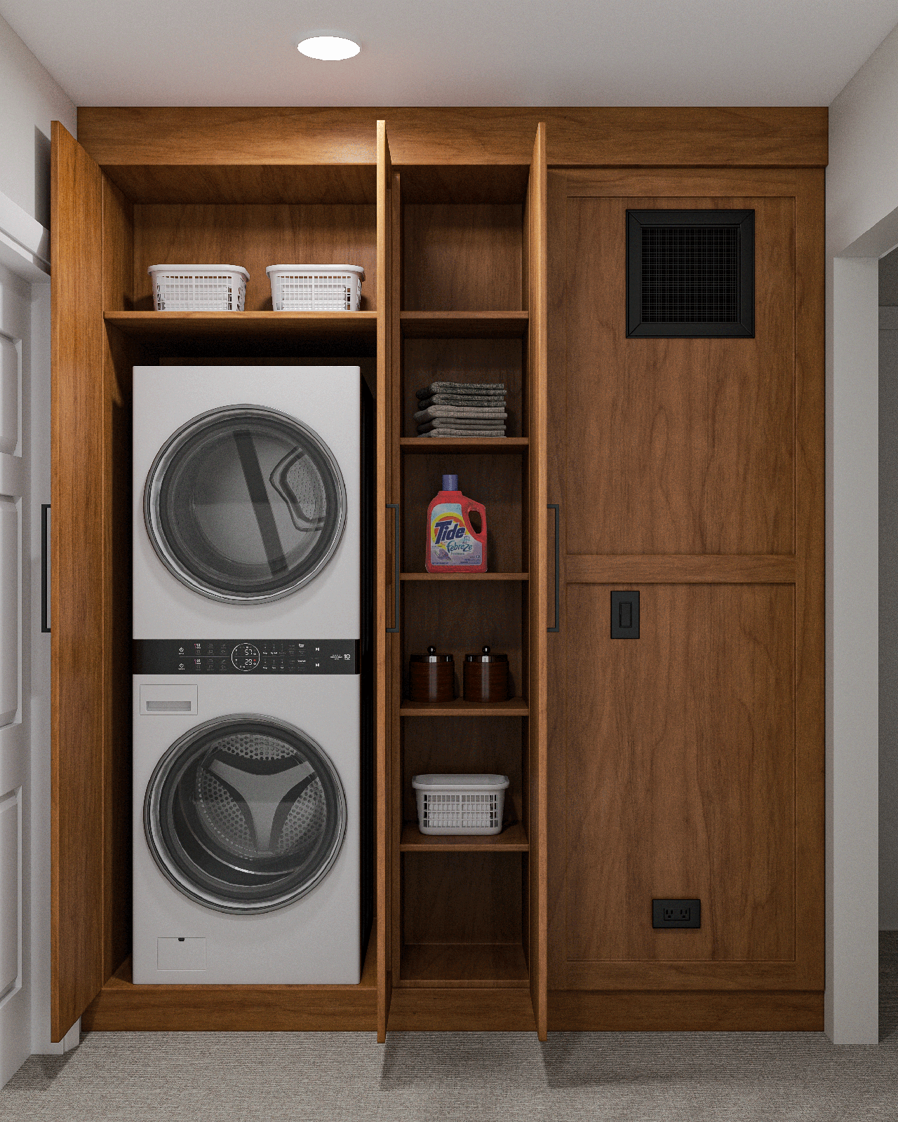 Laundry closet built into custom wood cabinetry