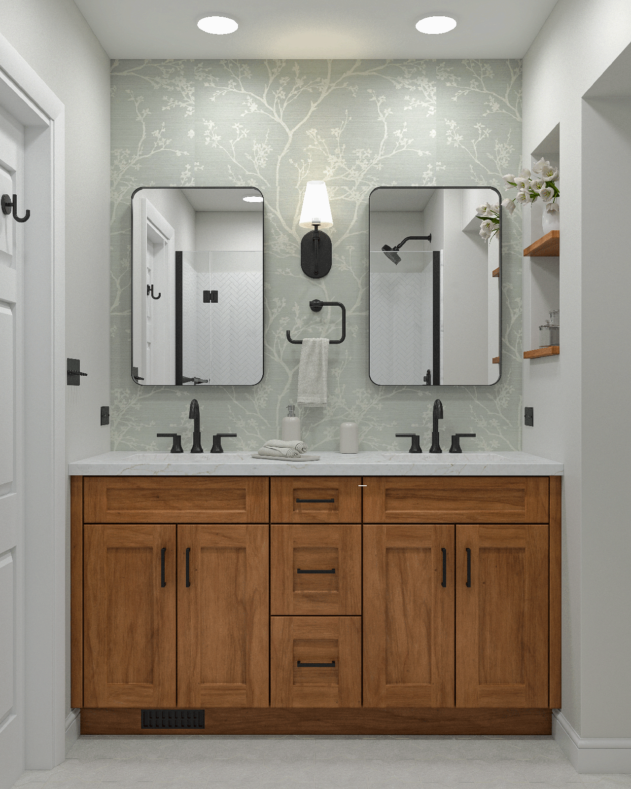 Double vanity with floral wallpaper and round black mirrors