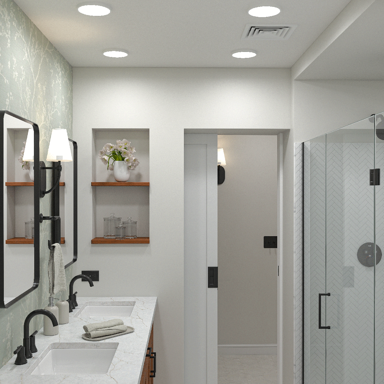 Larrabee primary bath vanity with view toward laundry and mudroom