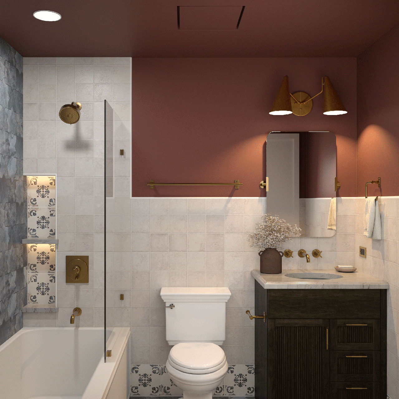 Belmont primary bath vanity and tub