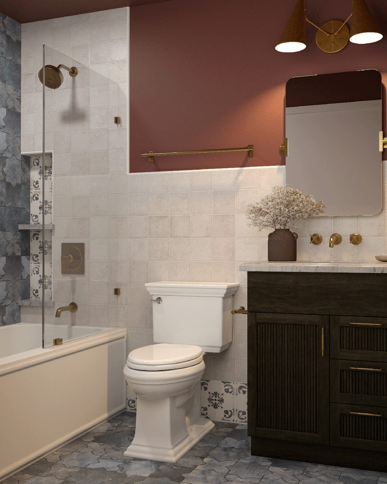 Belmont primary bath with terracotta walls, dark wood vanity, and brass fixtures