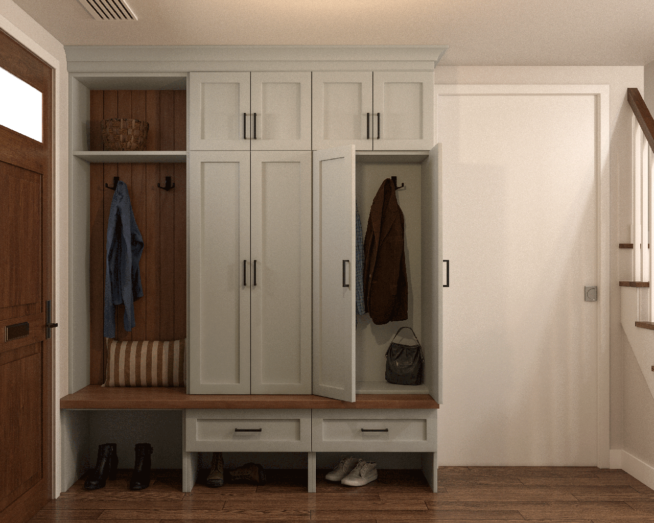 Mudroom locker detail with hooks and open storage