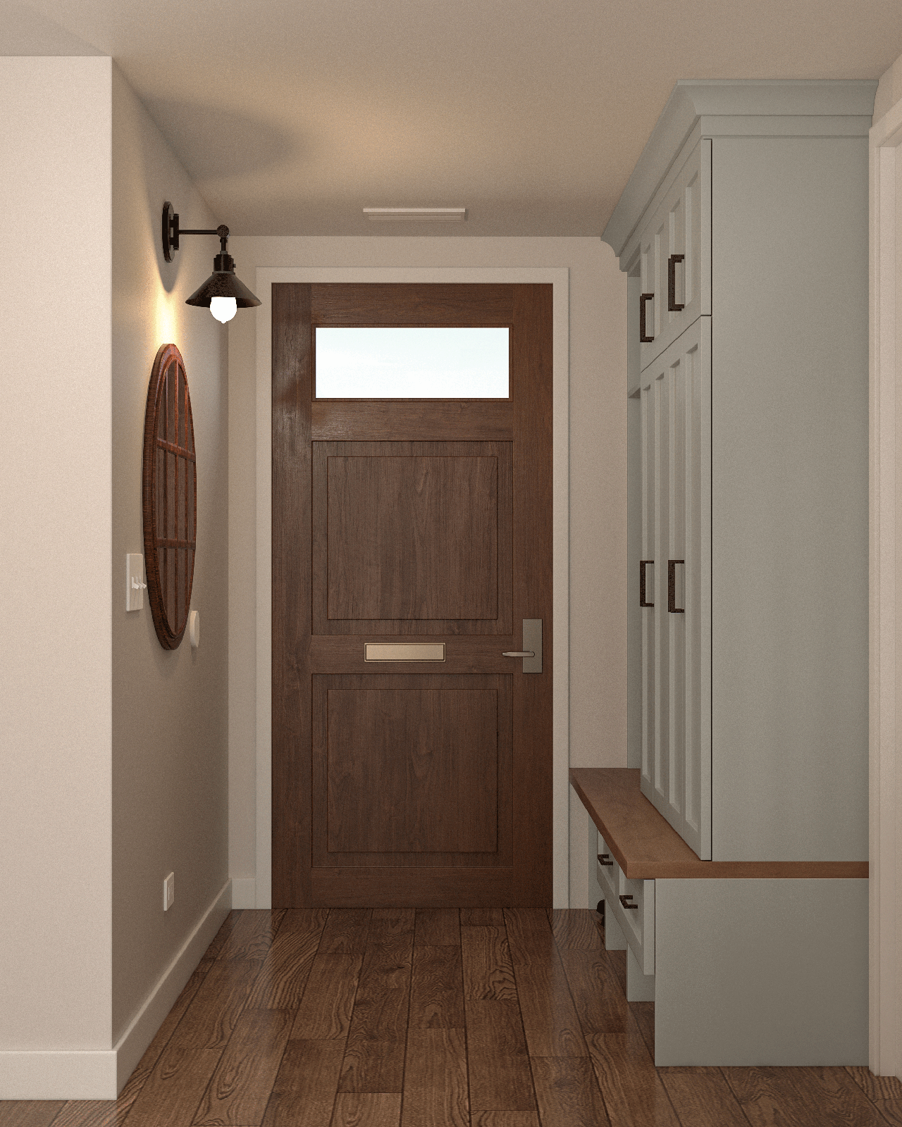 Larrabee mudroom entry with sage green lockers and wood bench