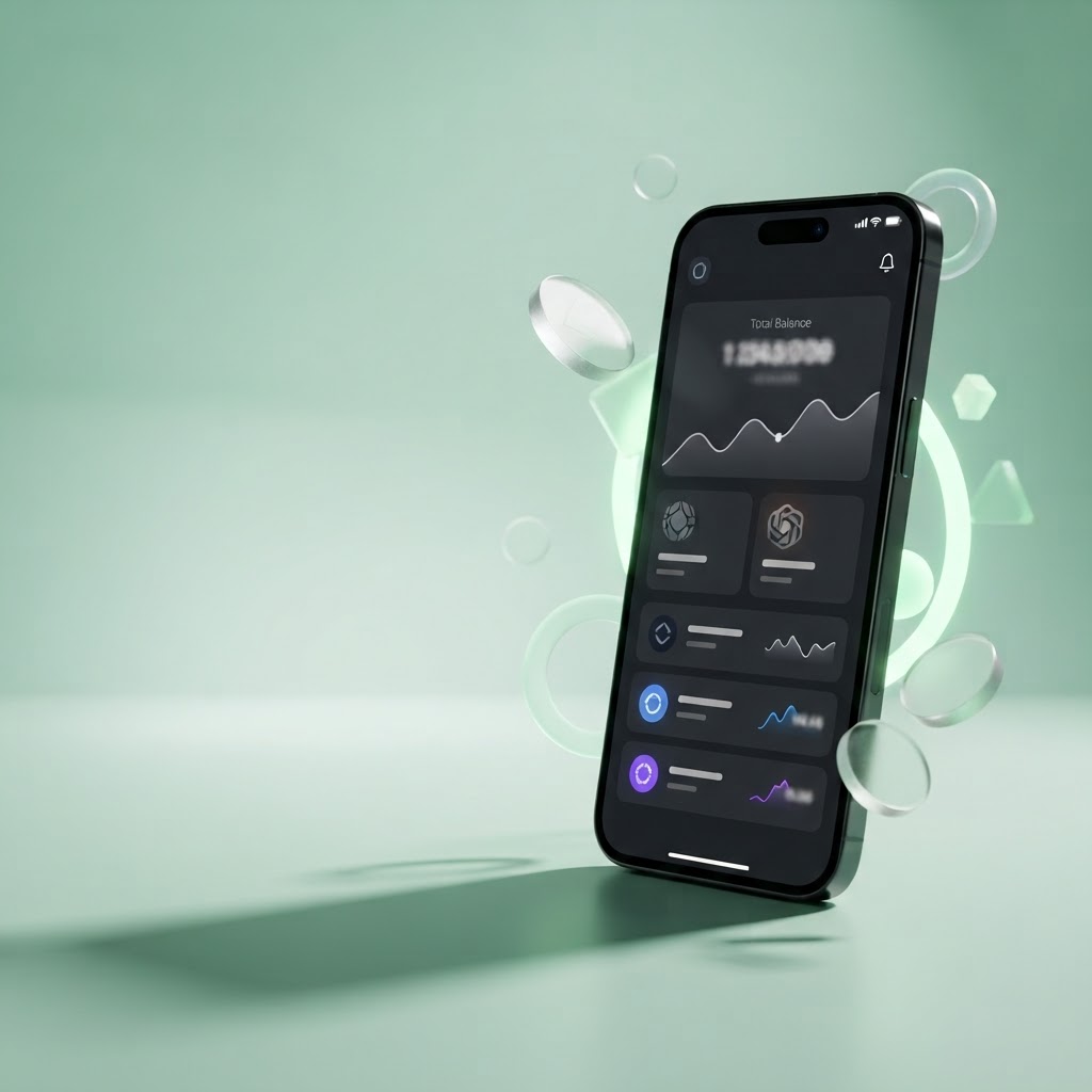 A smartphone displaying a crypto wallet surrounded by soft green light