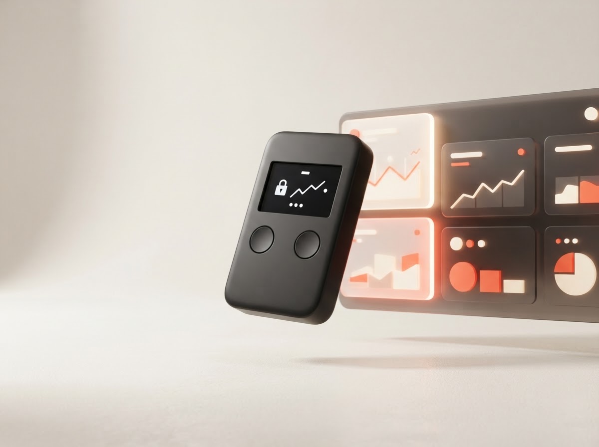 Hardware wallet beside a digital asset management interface