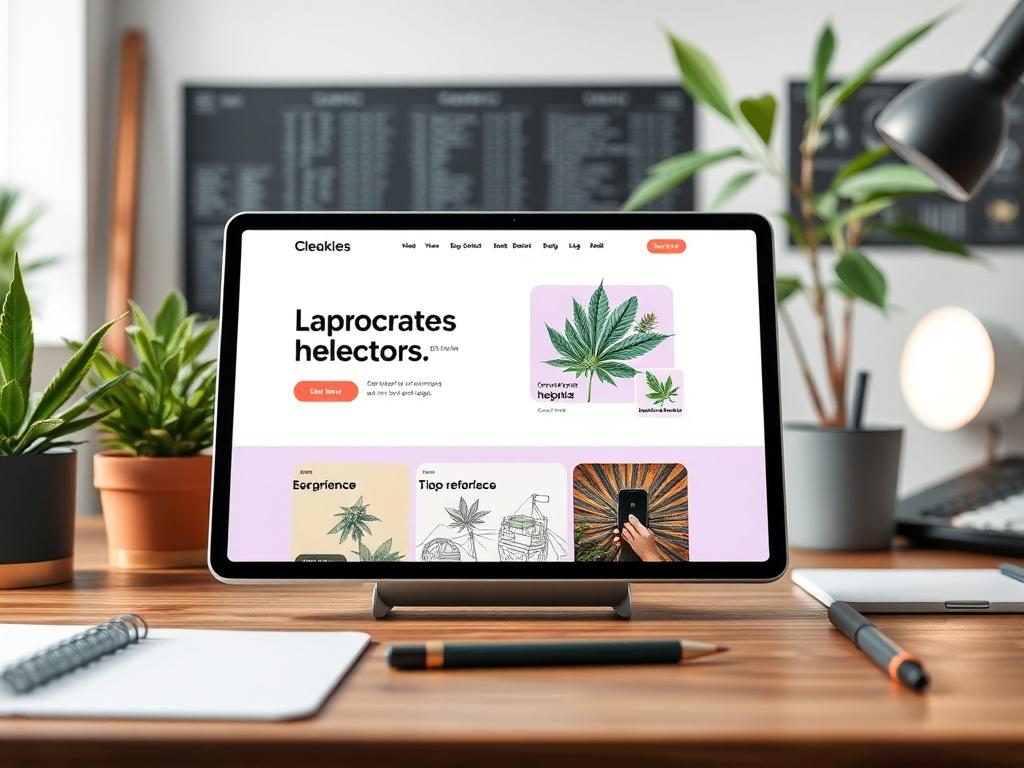 A sleek and modern cannabis website displayed on a tablet,