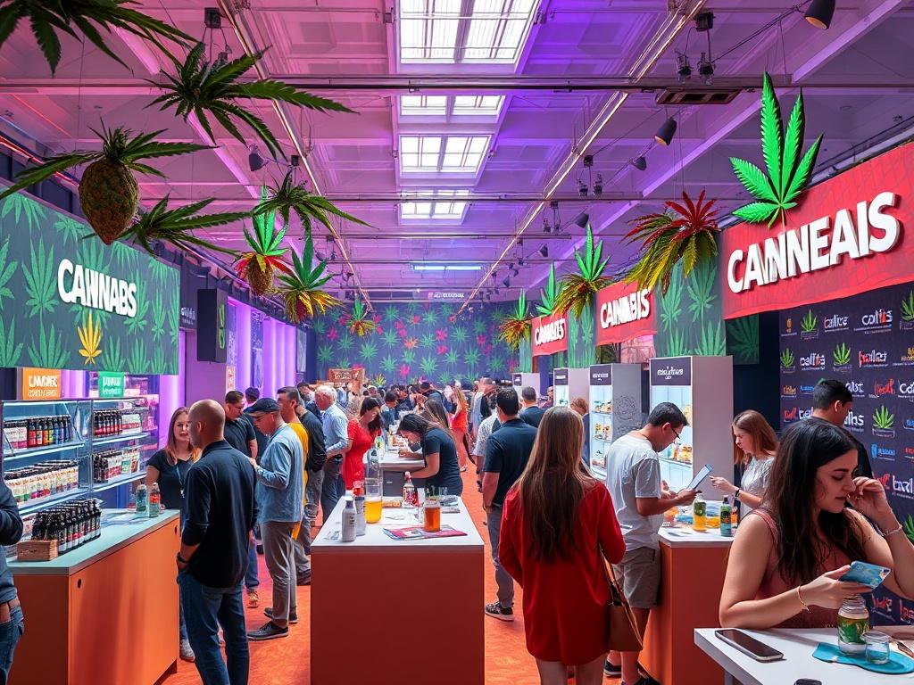 A lively cannabis themed event with people interacting with product