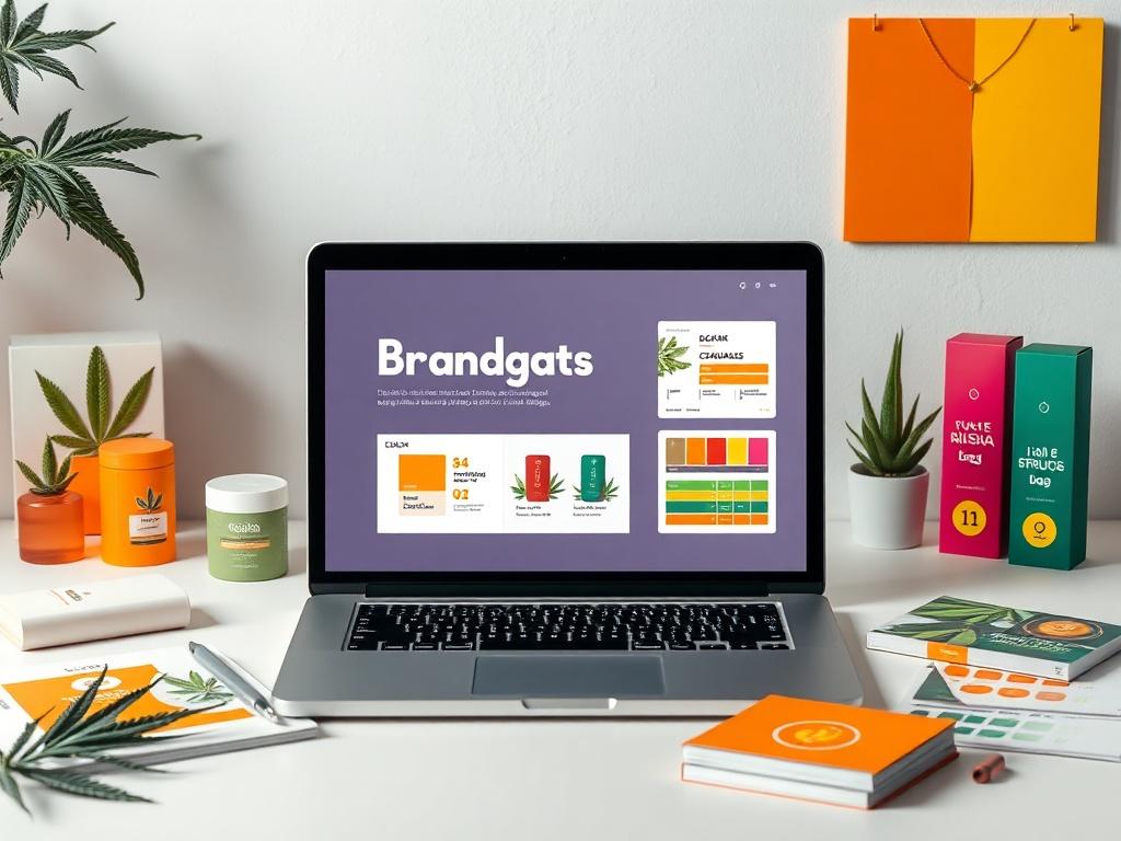 A minimalist workspace featuring a laptop open to a branding