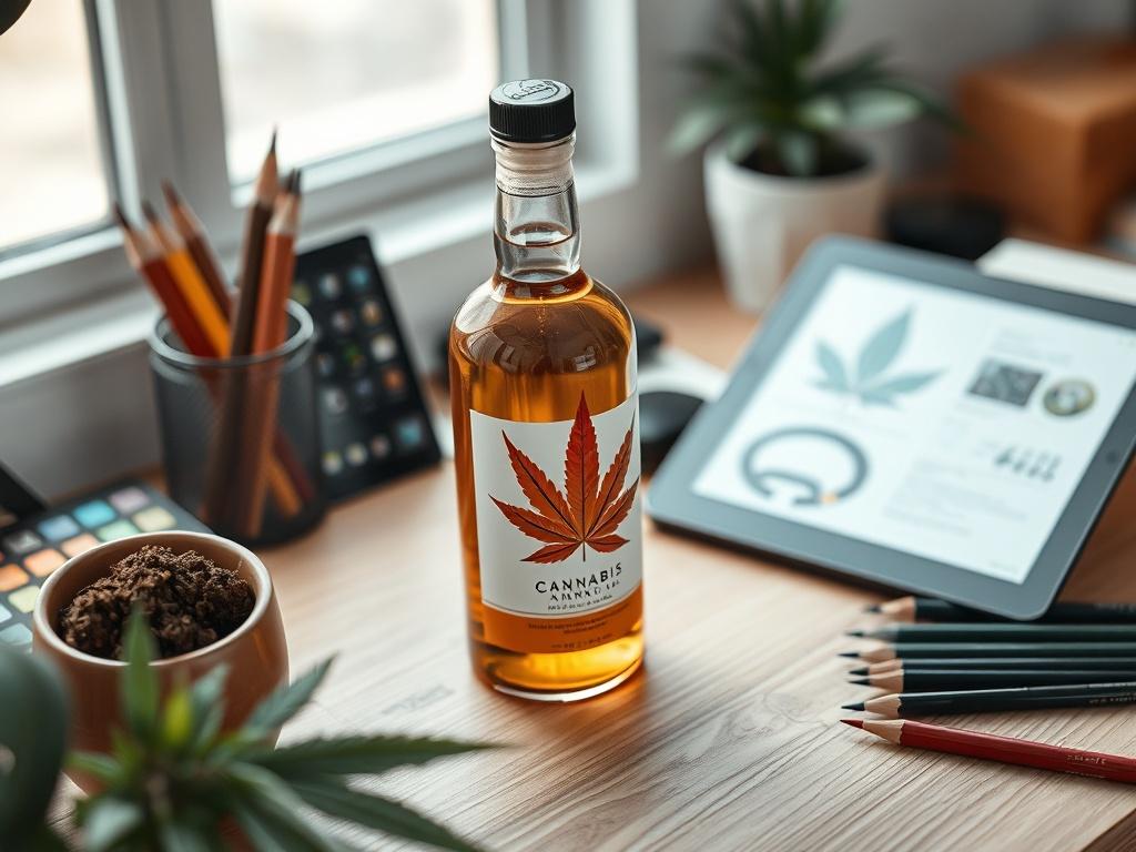 **Prompt for AI Image Generator:**

Create a realistic high-resolution photo featuring a clean and minimalistic workspace dedicated to cannabis branding. The main subject should be a beautifully arranged and thoughtfully designed cannabis product label, showcasing its vibrant colors and intricate details. The label should include elements like the cannabis plant motif, unique typography, and natural textures that reflect authenticity.

In the background, include softly blurred elements of a desk, such as an