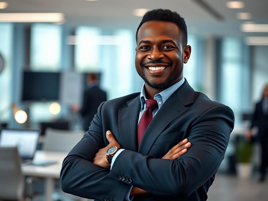 A black man in a professional suit, standing confidently with arms crossed, smiling warmly. The background features a modern office setting with soft lighting, emphasizing a sense of professionalism and success. The focus is on the subject, capturing his confident demeanor and approachable nature. The image should be realistic, high-resolution, and rendered in a hyper-realistic style, compatible with an rgb(248, 140, 2) color scheme.