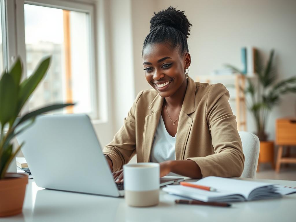 Create a realistic high-resolution photo that visually represents the concept of simplifying daily finance through EverydayCFO. The composition should feature a single, focused subject: a confident, smiling young professional (a woman of African descent) sitting at a modern desk, engaged with a laptop. She should appear to be analyzing financial data with ease, surrounded by neatly organized financial documents and a cup of coffee. 

The background should include softly blurred elements of a light, airy off