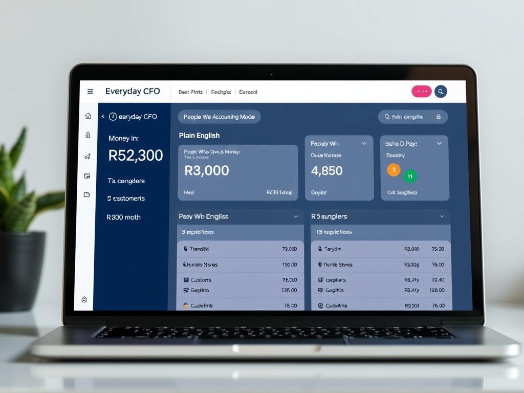 A modern, professional finance dashboard displayed on a laptop screen titled 'Everyday CFO'. The interface is clean, colorful, and easy to understand for non-financial users. The top navigation features a toggle button labeled 'Plain English | Accounting Mode' with 'Plain English' selected. The main dashboard widgets include: 1. 'Money In: R52,300 this month.' 2. 'Money Out: R41,800 this month.' 3. 'People Who Owe Us Money: 5 customers – R12,500 total.' with example names: 'Thandi M. (R3,000)', 'Khumalo Sto