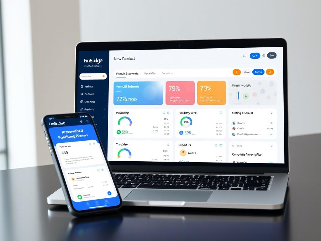 A realistic, professional website mockup of FinBridge – Funding Readiness Dashboard displayed clearly on a modern laptop screen, with a smartphone beside it showing the same dashboard (responsive design). The dashboard must look clean, business-ready, and professional, with correct spelling and polished UI. Key sections visible on the dashboard: Header with logo: FinBridge – Smart Funding Readiness; Sidebar navigation: Dashboard, Financial Statements, Fundability Score, Funding Matchmaker, Compliance Checkl
