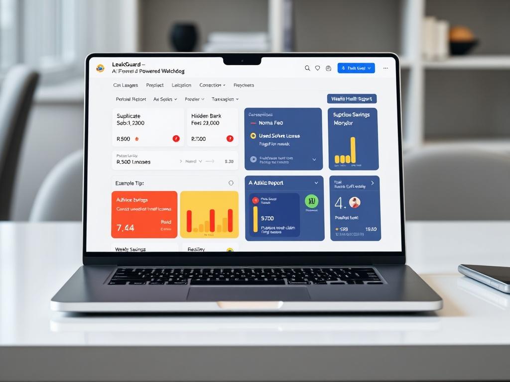 A realistic, professional photo of a modern laptop on a clean desk, showing the LeakGuard – AI-Powered Watchdog dashboard on the screen. The laptop is centered with a sleek design, and the dashboard displays important sections clearly for easy viewing. In the dashboard, sections include: 1. Cost Leakages Detected with items such as Duplicate Subscription: R1,200 (red warning icon), Hidden Bank Fees: R850 (yellow alert icon), Unused Software License: R2,500 (orange alert icon). 2. Suspicious Transactions det
