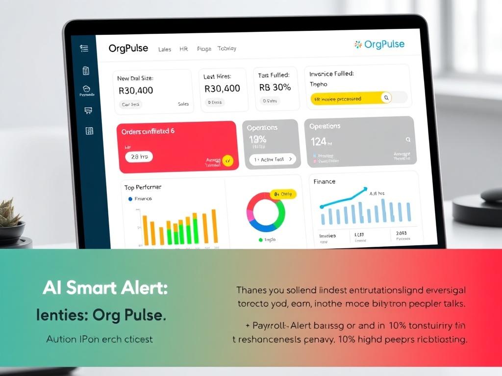 A realistic, professional photo of a modern laptop sitting on a clean desk, screen displaying the OrgPulse business performance dashboard. The dashboard includes sections for Sales, HR, Operations, and Finance, with accurate data displayed in a user-friendly format. Sales section shows Average Deal Size: R30,400, Leads Converted: 80% with a green progress bar, and Top Performer: Prudence. HR section displays New Hires Last Month: 6, Employee Turnover: 12% in red, and Top Performer: Tshego. Operations sectio