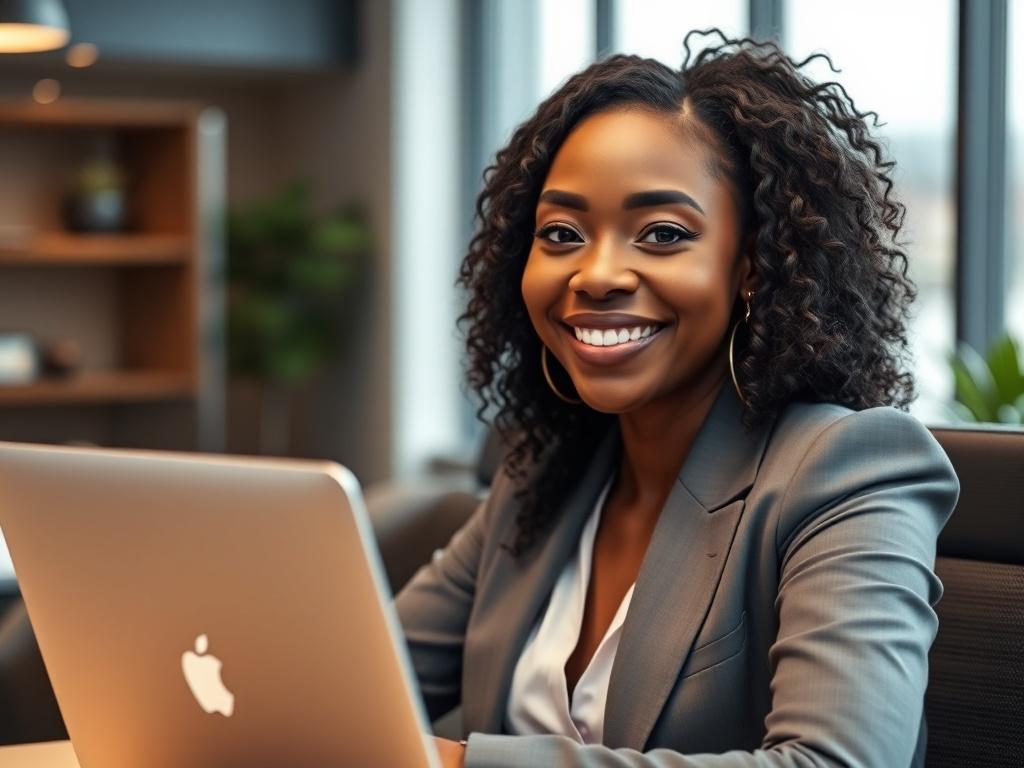 A close-up shot of a confident black woman in a professional business attire, smiling warmly. She is sitting at a modern desk with a laptop open in front of her. The background features a stylish office setting with natural light coming through a window. The focus is on her facial expression, conveying success and empowerment. The image should have a hyper-realistic quality, shot with a 45mm f/1.2 lens style.