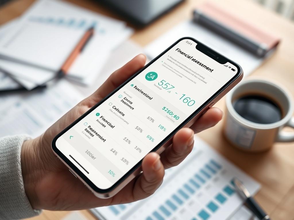 A close-up shot of a smartphone displaying a financial assessment report with clear metrics and suggestions. The background shows a busy workspace with papers and a coffee cup, emphasizing a productive environment.