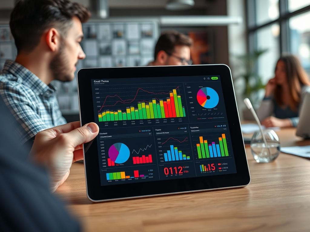 A close-up shot of a tablet displaying real-time performance metrics with colorful charts. The background features a collaborative workspace with team members discussing ideas, highlighting teamwork and productivity.