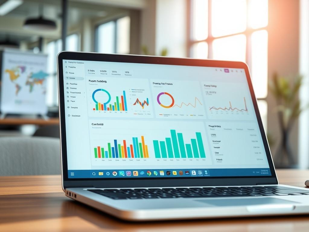 A close-up shot of a laptop displaying a user-friendly finance dashboard with colorful graphs and charts. The background features a modern office setting with natural light streaming in. The focus is on the screen, showcasing the simplicity and clarity of the finance management tool.