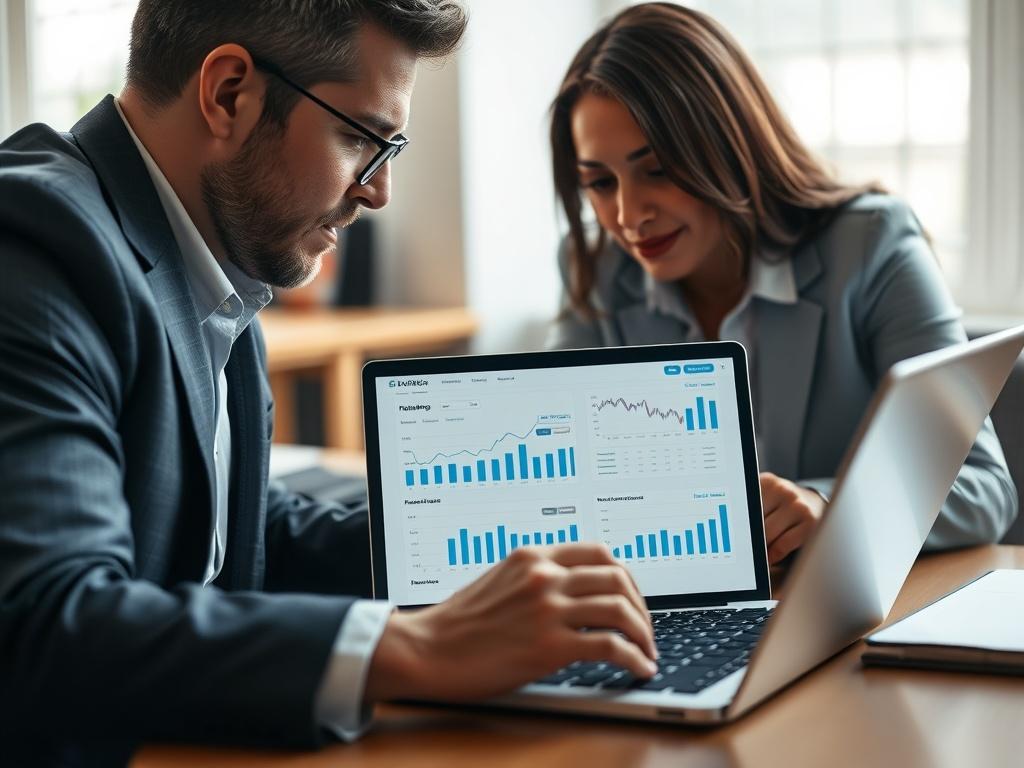 A hyper-realistic close-up shot of a financial advisor discussing funding options with a client, showcasing a laptop with financial graphs and funding opportunities. The setting is professional yet approachable, with soft lighting that conveys trust and clarity in financial management.