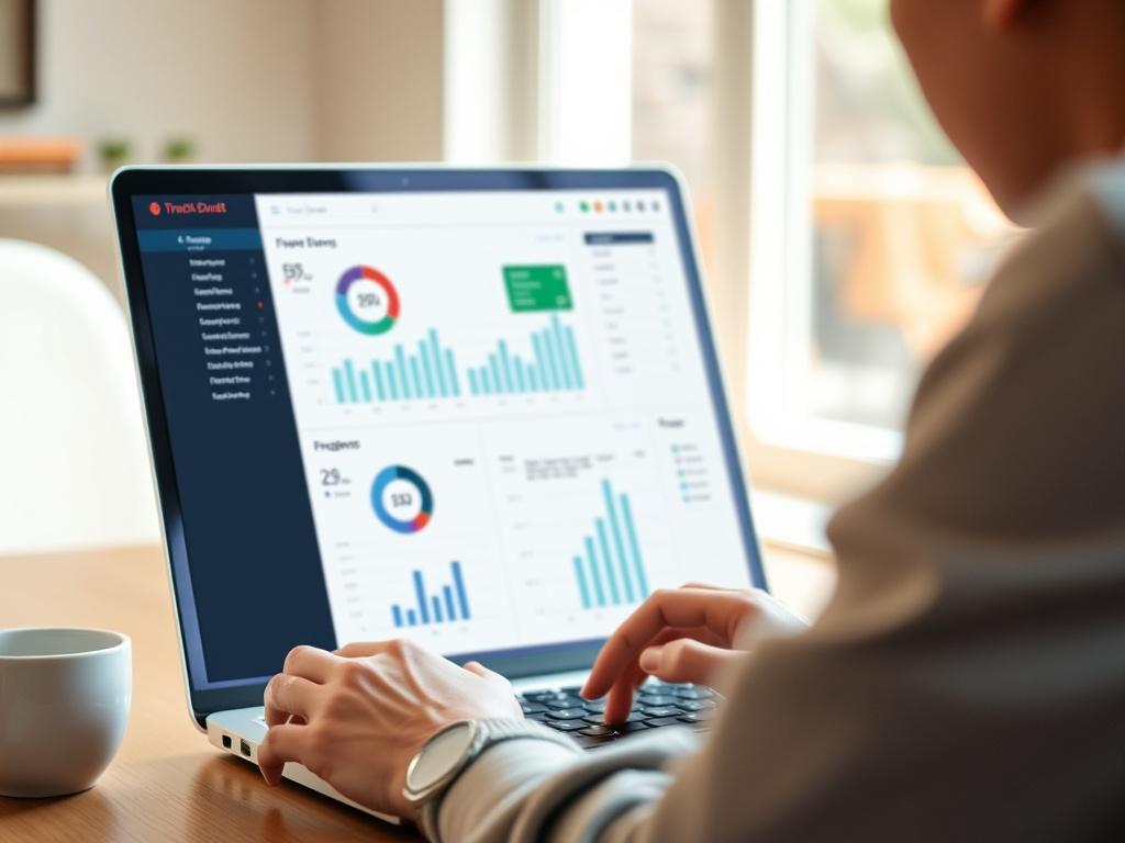 A hyper-realistic close-up shot of a person using a laptop to manage finances, with a clear focus on the screen displaying graphs and dashboards. The background should be softly blurred, emphasizing the person’s engagement with the financial tools. The setting is bright and inviting, symbolizing a productive workspace.
